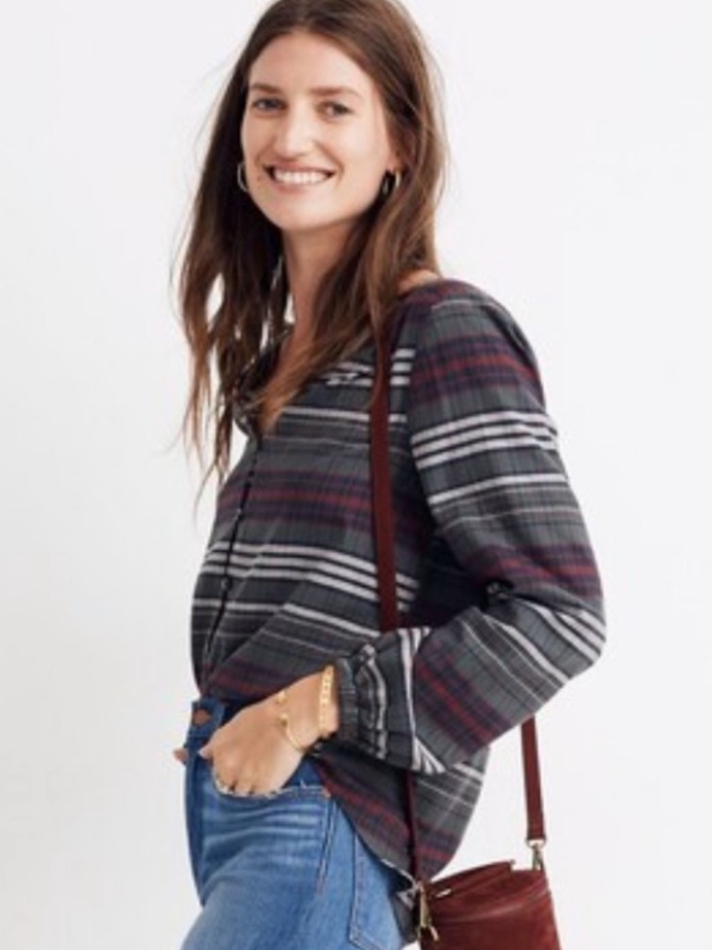 EUC Madewell V-Neck Button-Down Shirt in Pineview Plaid